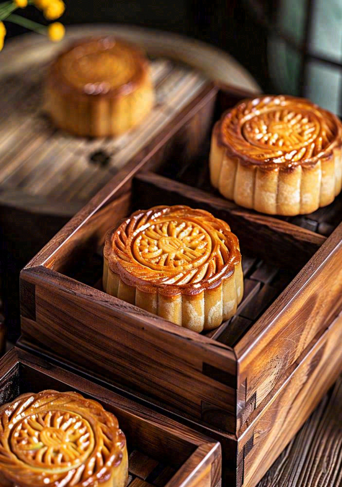中国传统美食月饼中秋木质礼盒精美礼品摄影图
