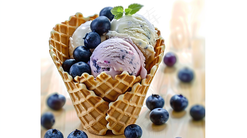冰淇淋球水果蓝莓口味甜点下午茶摄影图