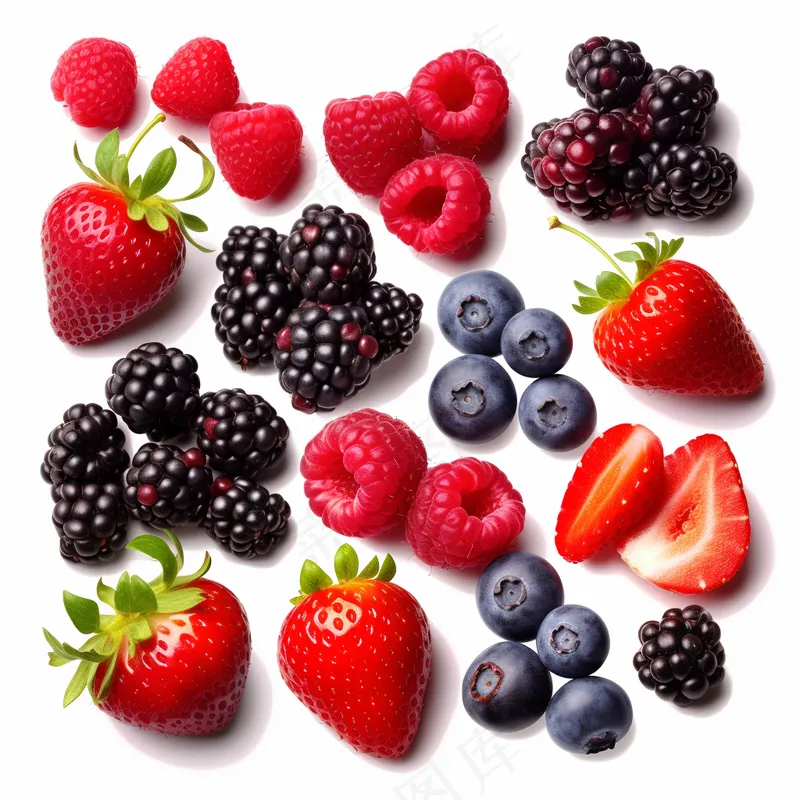 莓果草莓树莓蓝莓水果白底摄影图
