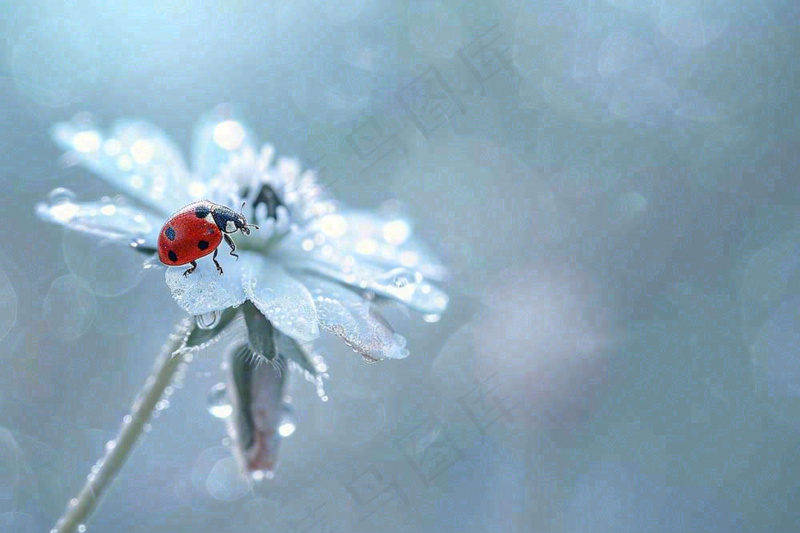 下雨天白色花朵上的七星瓢虫昆虫春天雨水谷雨摄影图