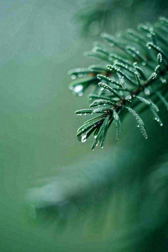 松针树树枝露珠雨滴青色雨水谷雨雨季摄影图
