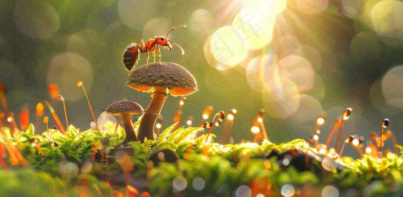 阳光下的蚂蚁蘑菇菌类阳光春天惊蛰春分摄影图