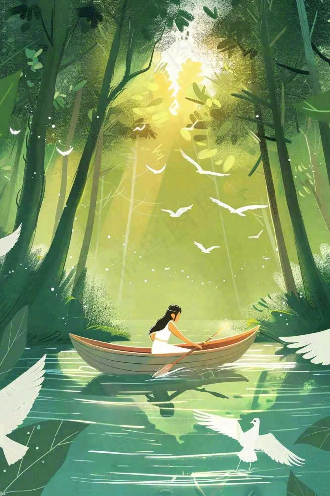 绿色森林少女划船春光波光闪烁春分插画卡通手绘处暑