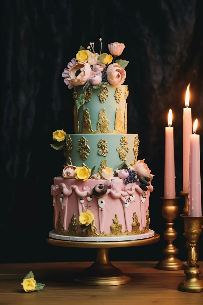 多层生日蛋糕梦幻卡通蜡烛庆祝摄影图