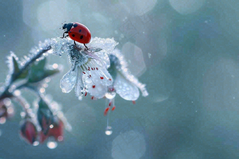 下雨天白色花朵上的七星瓢虫昆虫春天雨水谷雨摄影图