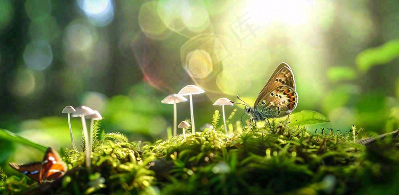 阳光斑驳下的蝴蝶苔藓蘑菇春天森林春分惊蛰摄影图