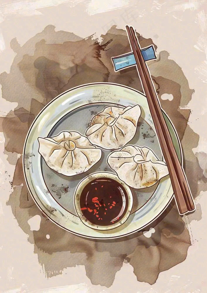 饺子中国传统美食水彩插画冬至节日
