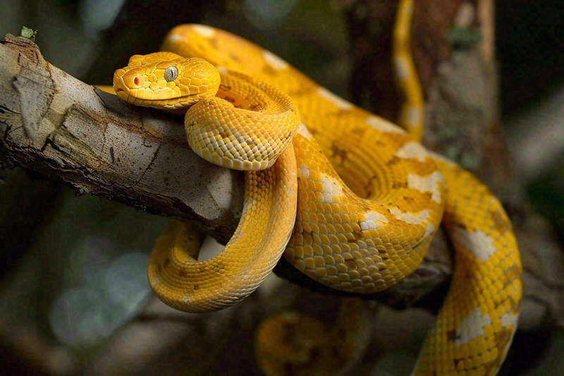 蛇盘踞在树枝上吐舌头爬行动物摄影图