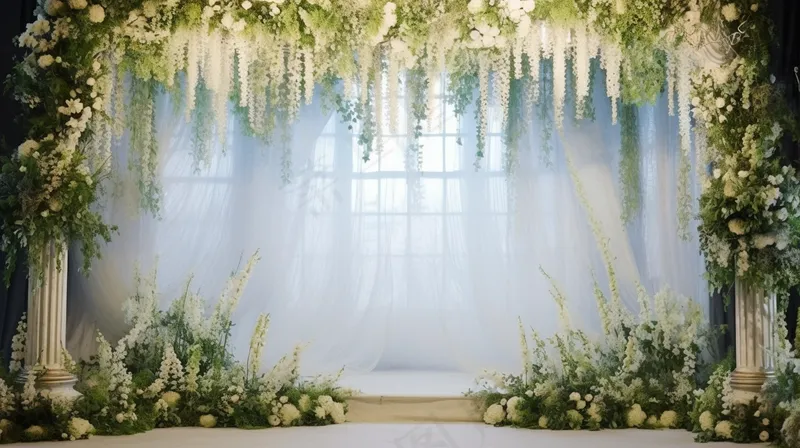 白色鲜花婚礼布置现场背景板摄影图
 