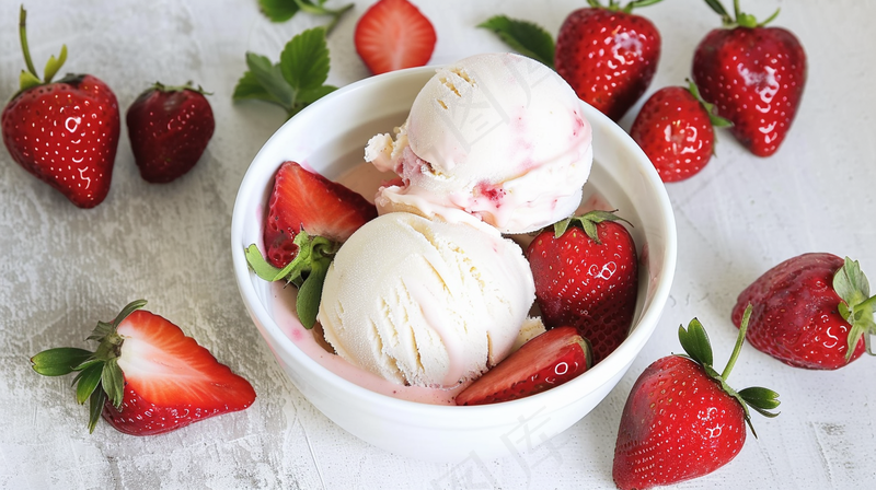 草莓粉色冰淇淋球甜点摄影图