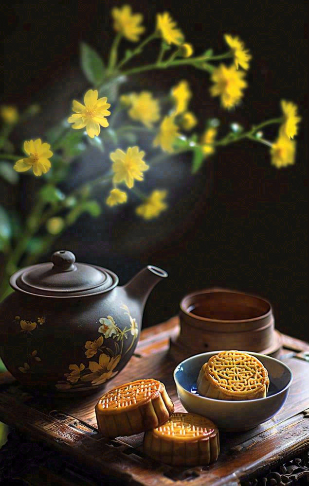 中秋月饼传统糕点美食圆月黄花摆盘精美摄影图