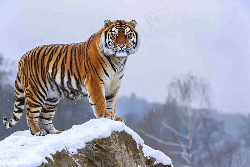 东北虎站在雪地的老虎摄影图