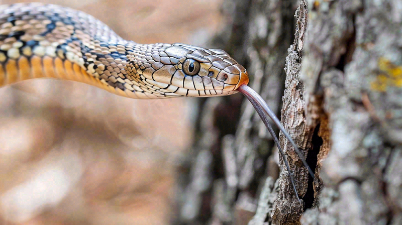 蛇盘踞在树枝上吐舌头爬行动物摄影图