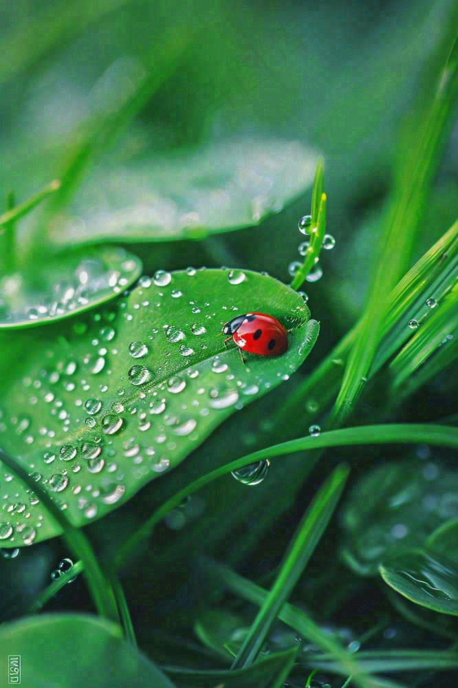 绿叶草丛露珠瓢虫昆虫雨水谷雨惊蛰摄影图