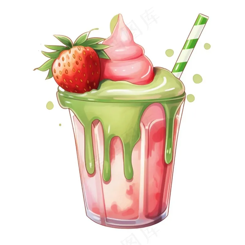 草莓抹茶奶茶冰淇淋奶茶美味夏日卡通插画免抠