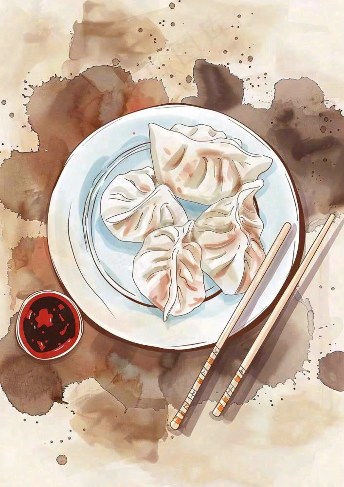 饺子中国传统美食水彩插画冬至节日
