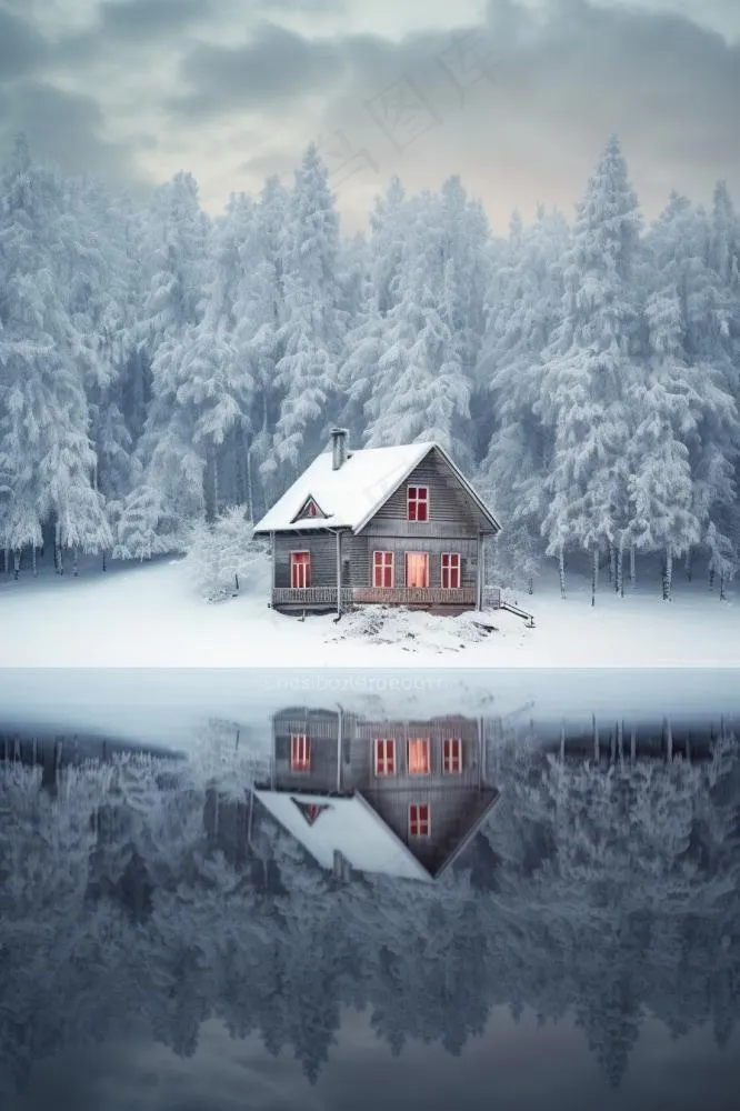 雪景小屋树林背景