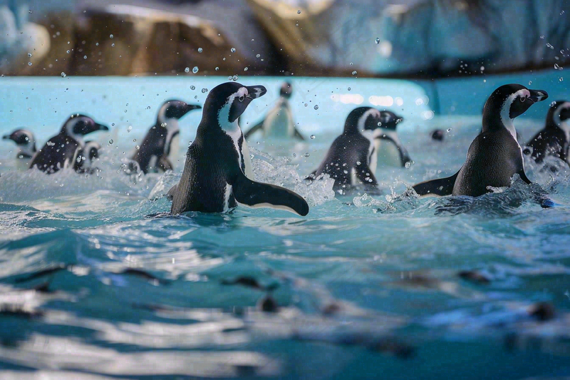 动物园海洋世界企鹅游泳池嬉水动物摄影图