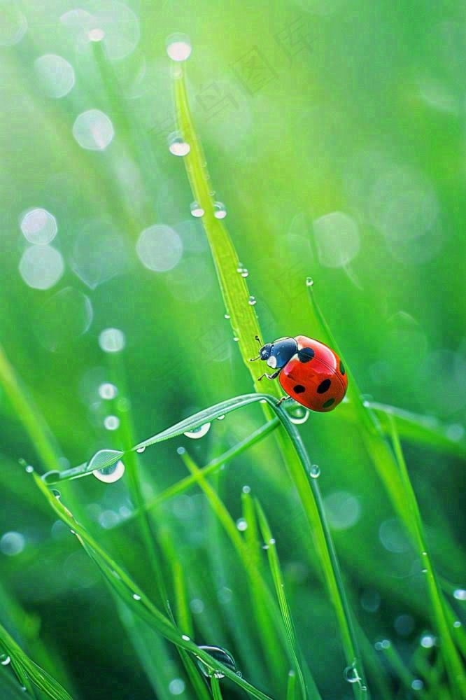 绿叶草丛露珠瓢虫昆虫雨水谷雨惊蛰摄影图
