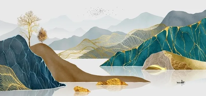 金色线条意境山水装饰画图片