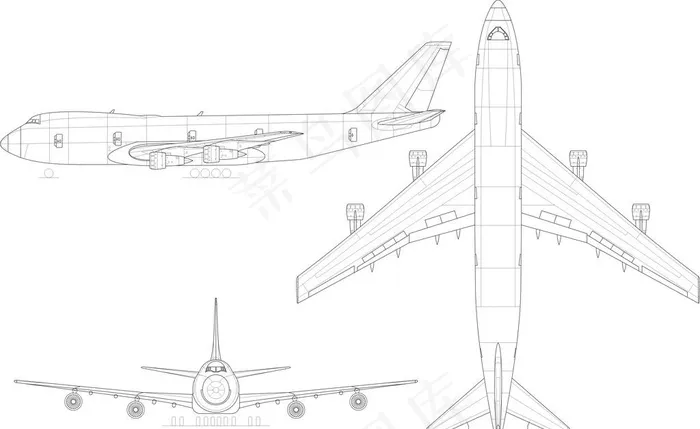 大飞机波音747矢量三视图线稿图片