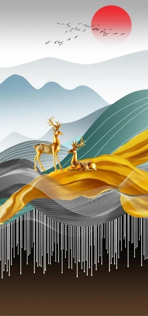 线条麋鹿山水装饰画玄关图片