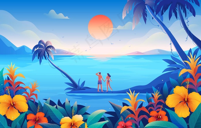 夏季海边度假场景插画图片