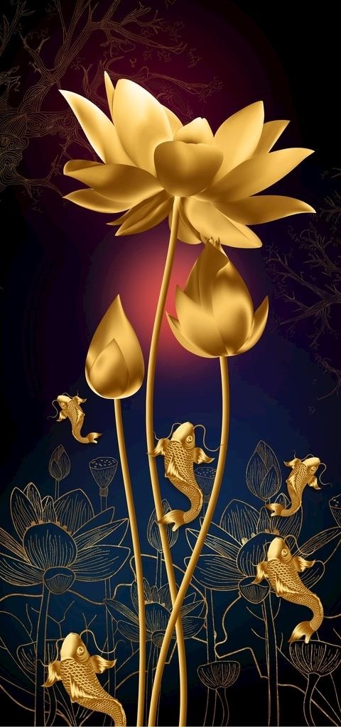 金色荷花艺术装饰画图片7087x14173psd模版下载