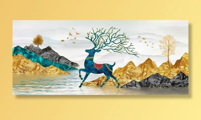 金色麋鹿山水晶瓷画图片