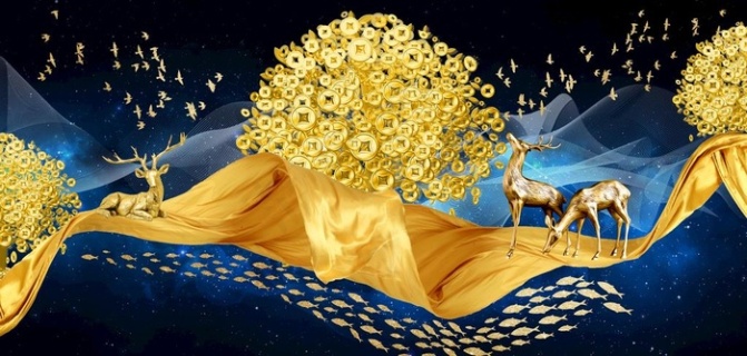 金色金钱树麋鹿发财鹿晶瓷画图片