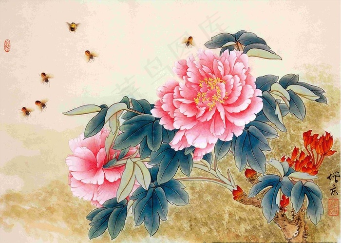 国画工笔牡丹图富贵甜蜜图片