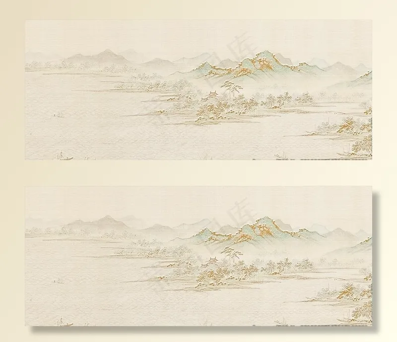 新中式山水柔美线描壁画图片