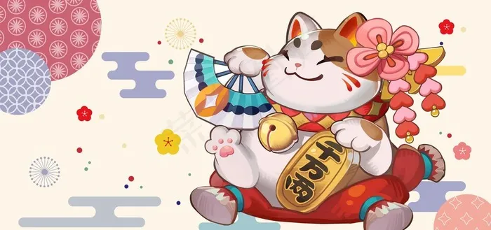 日式手绘招财猫餐饮工装背景墙图片