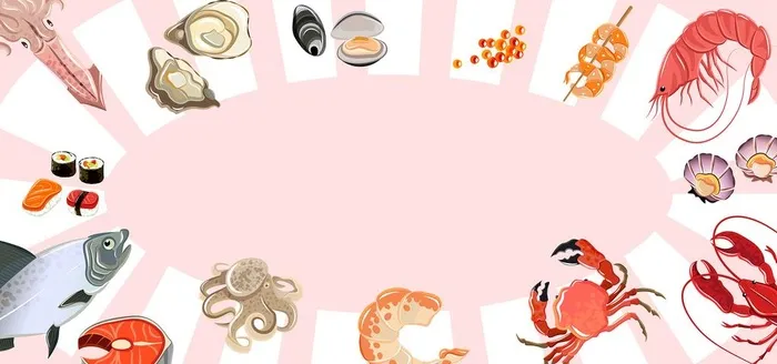 粉色卡通鱼虾蟹海鲜美食边框图片