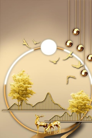 金色麋鹿山水艺术晶瓷画图片9626x3543psd模版下载
