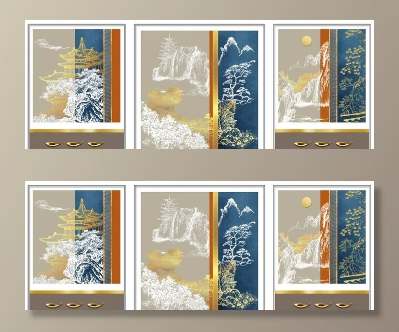 中式山水线条国画装饰画图片