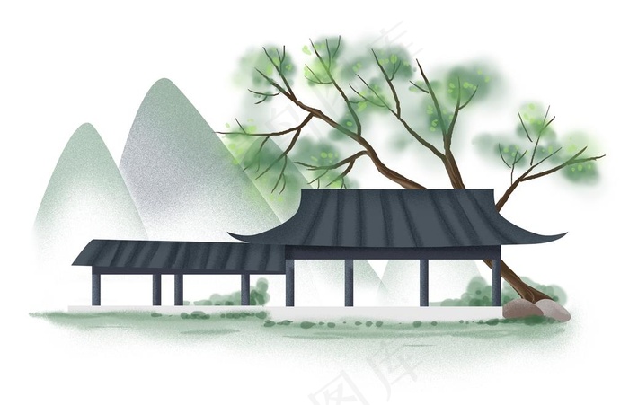 中国风水墨兰亭水榭图片psd模版下载