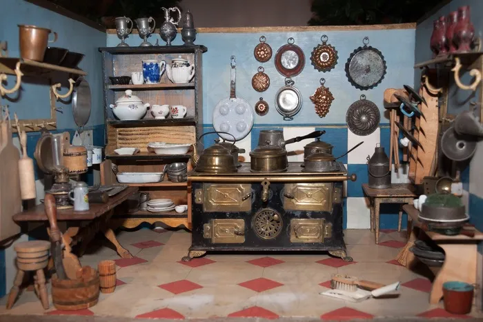 娃娃厨房，玩具，旧，古董，播放，火炉，厨房
