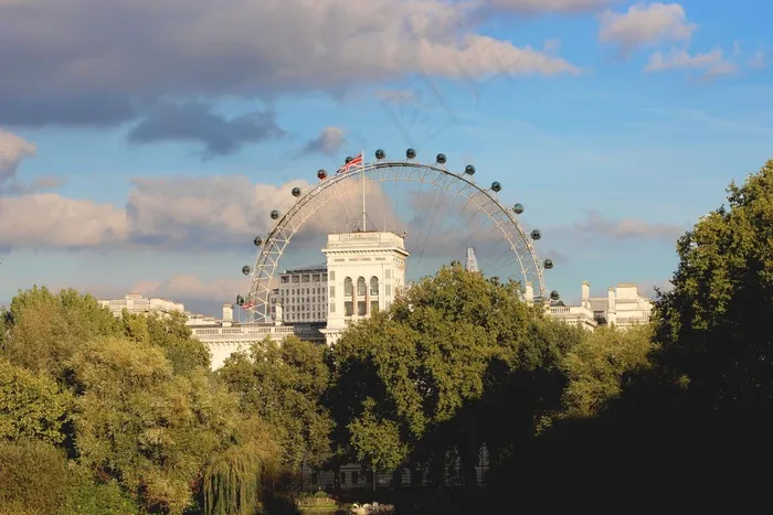 伦敦，眼，伦敦眼，英格兰，云团，天空，树木