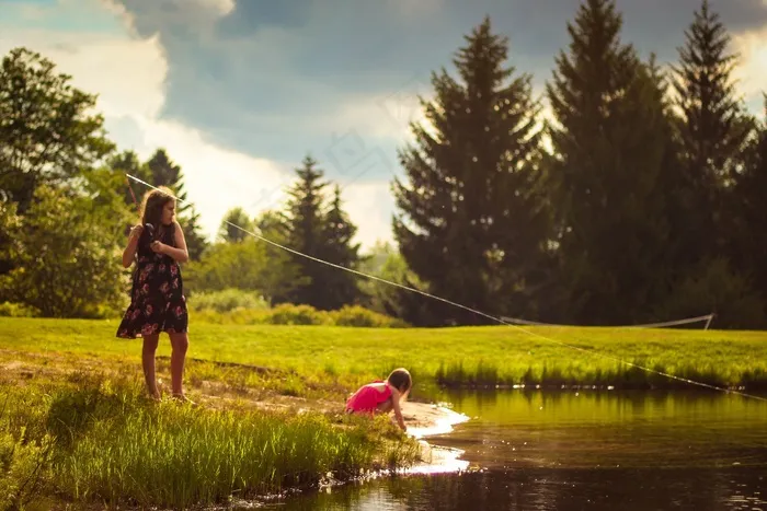 女孩，钓鱼，溪，娱乐，钓鱼竿，自然