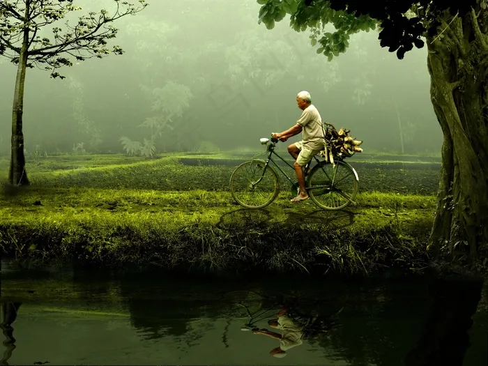 草原,江河,湖泊,天空,婚纱写真,老人骑自行车在森林里
