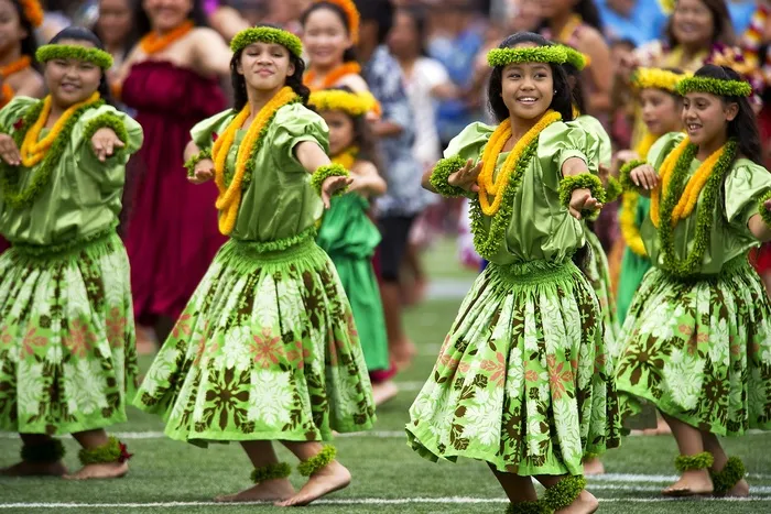 卡通动漫人物,动漫,草裙舞,民族歌舞,人物特写,夏威夷舞者在传统节日上表演