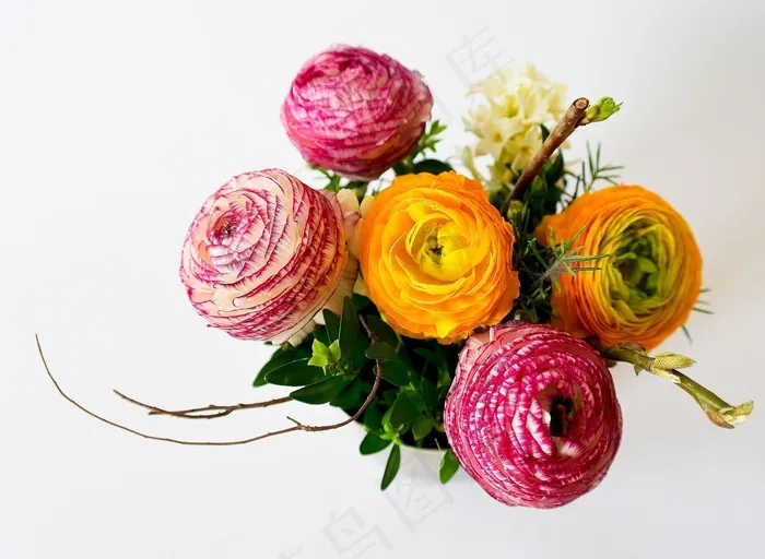 玫瑰花,花毛茛,生日蜡烛,彩色鲜花,花卉,在白色背景上的花束