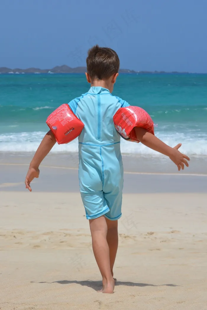 男孩，海滩，海，橡胶圈，紫外线服，儿童，人