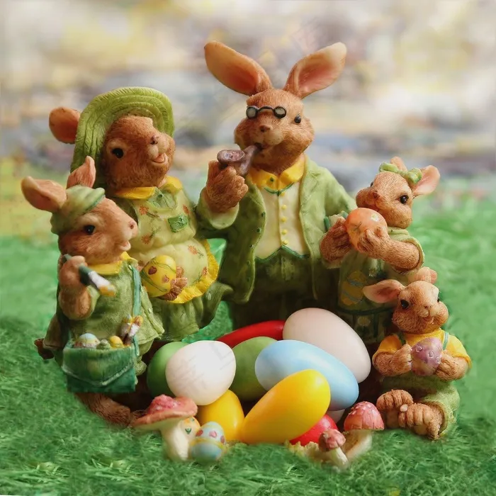 树脂娃娃,油画,工艺品,玩具,复活节兔子家庭和鸡蛋在花园里的雕像