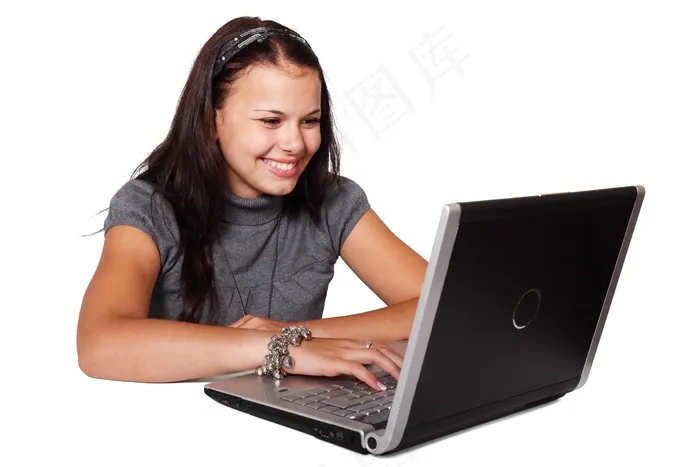 穿戴,美女,笔记本,平板电脑,屏幕截图,工作室拍摄的年轻和美丽的女人微笑和笔记本电脑上工作