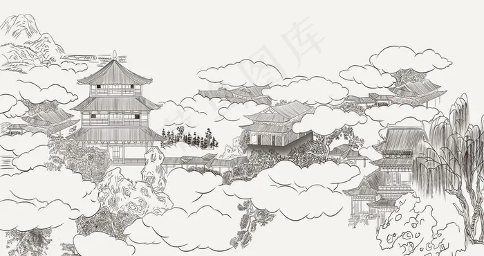 新中式手绘亭台楼阁壁画背景墙图片