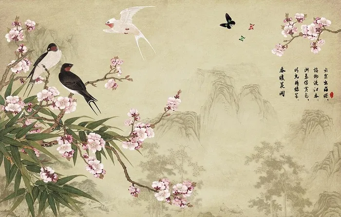 新中式手绘竹梅花鸟沙发背景墙图片